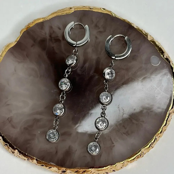 Stainless Steel Cubic Zircona Tassel Earrings - Picture 3 of 6